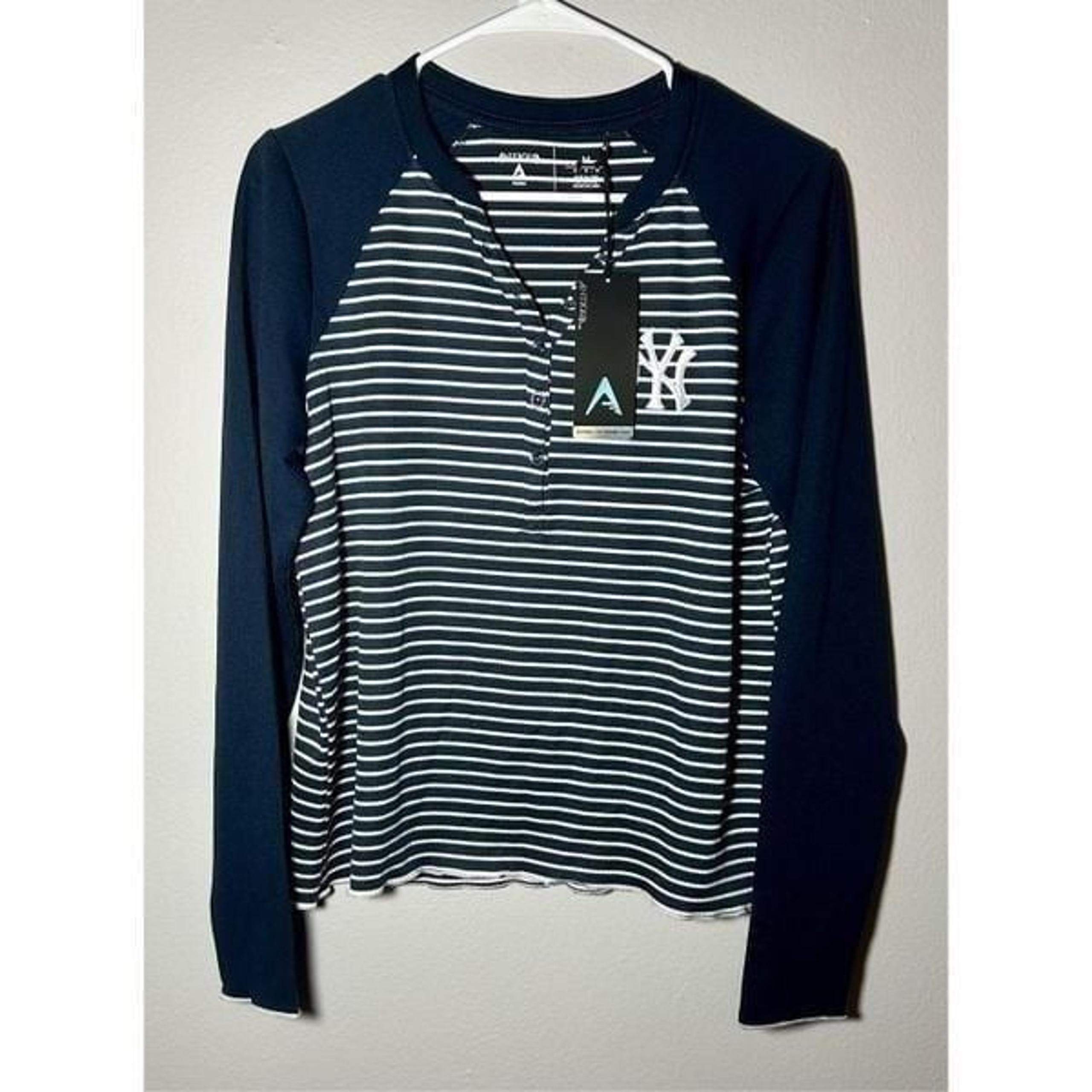 New York Yankees Antigua Womens Maverick Henley Long Sleeve T-Shirt Navy/White M