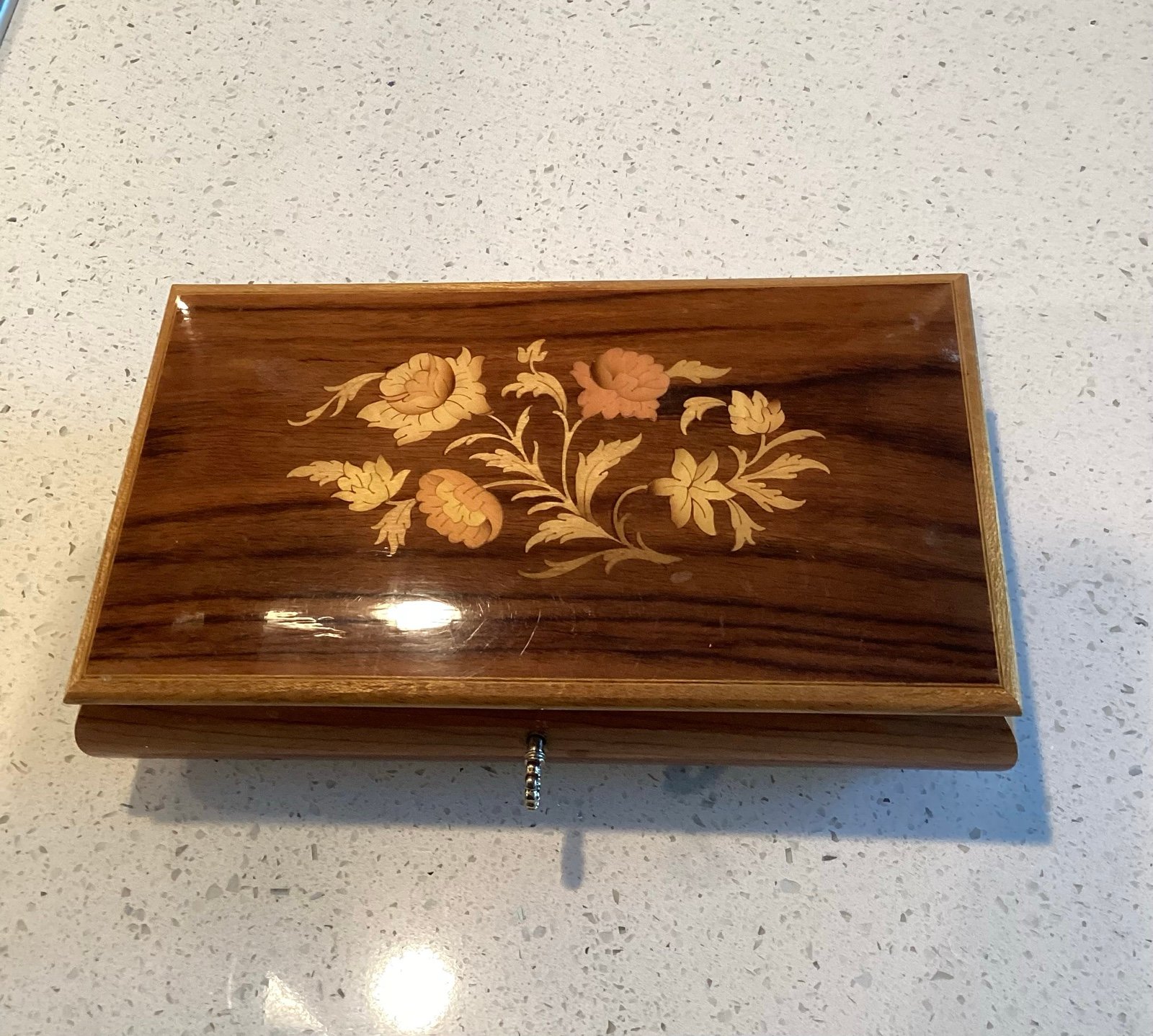 Beautiful Vintage Italian Wooden Inlay Musical Jewelry Box Floral Pattern W/key