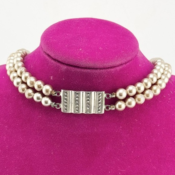 Estate Art Deco double strand faux pearl marcasite choker necklace
