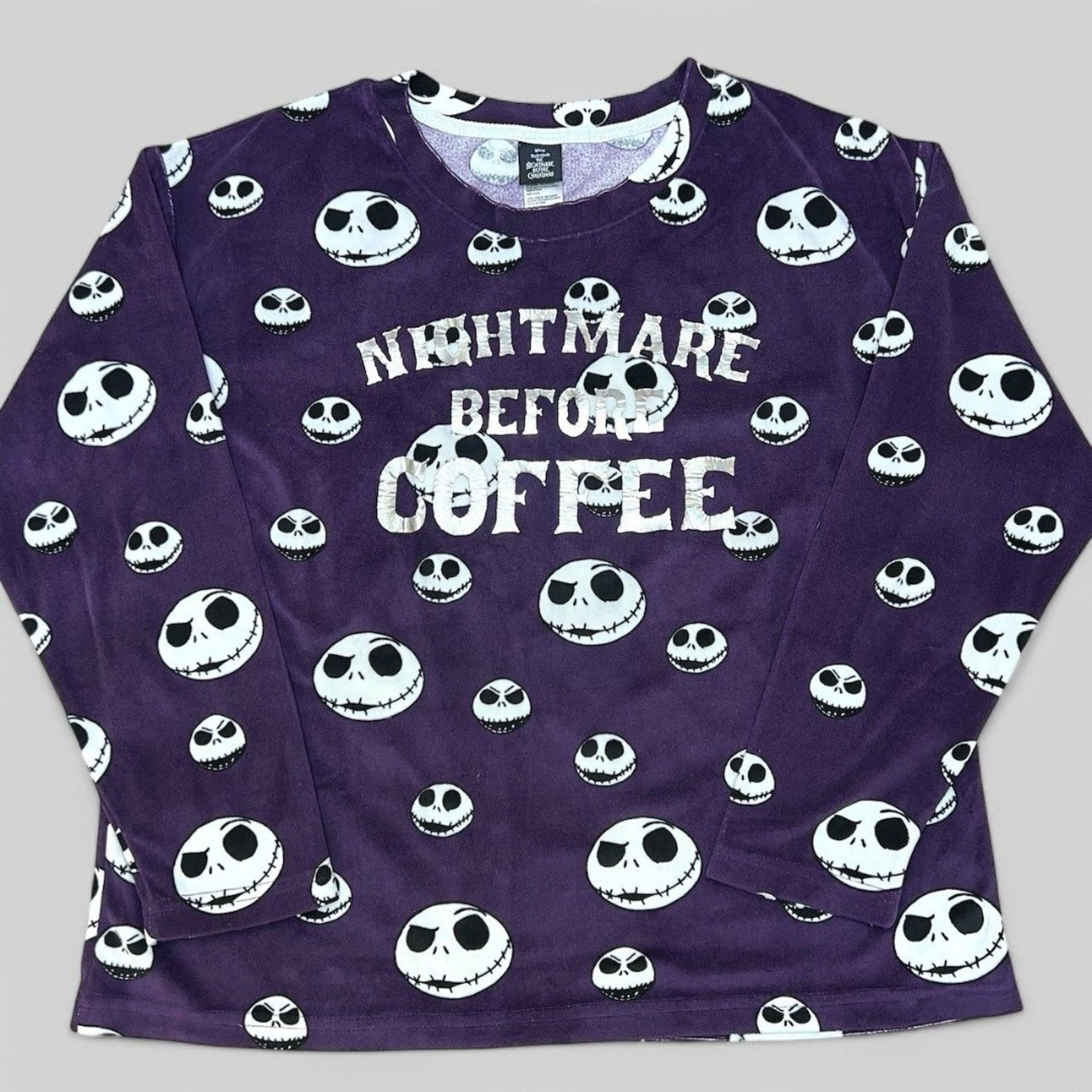 Disney Womens Small Purple Fleece Nightmare Before “Coffee” Christmas Pajama Top