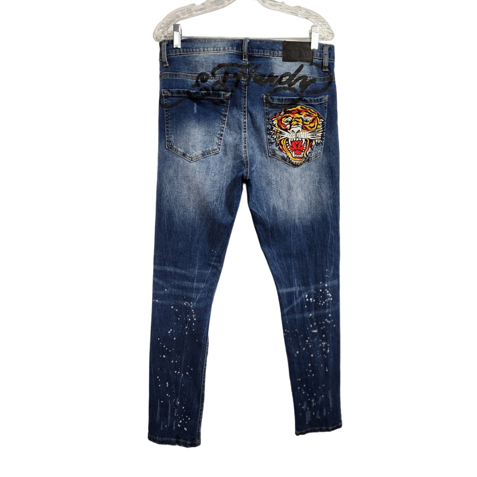 Ed Hardy Tiger Embroidered Pocket Blue Denim Skinny Jeans 32