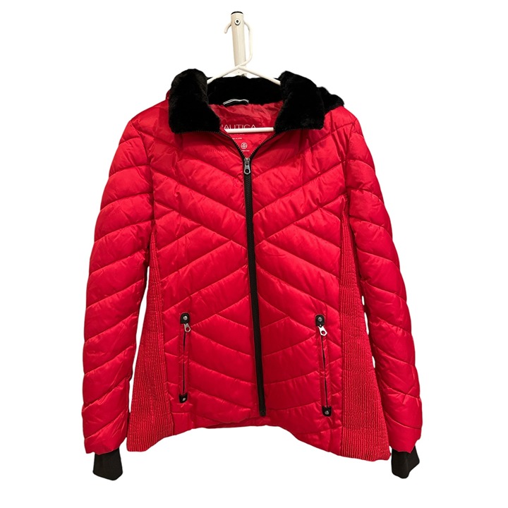 Nautica Puffer Jacket in Red with Faux Fur Hood Size L, EUC