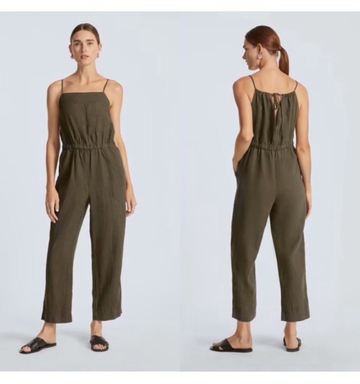 EVERLANE Linen Shoestring Jumpsuit Size Medium 8 10 Olive Green