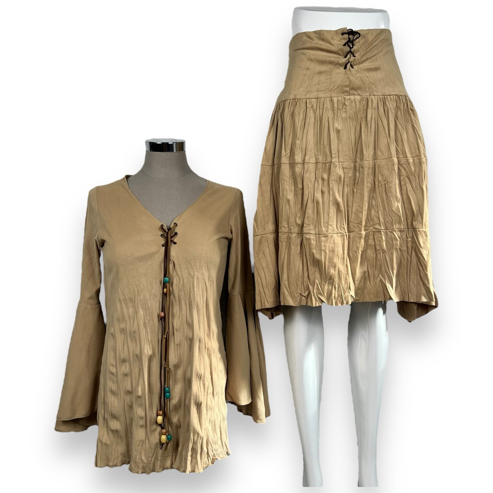 90s Y2k Skirt Set Drop Waist Bell Sleeves Tan Faux Suede Boho Hippie Fairy M/L