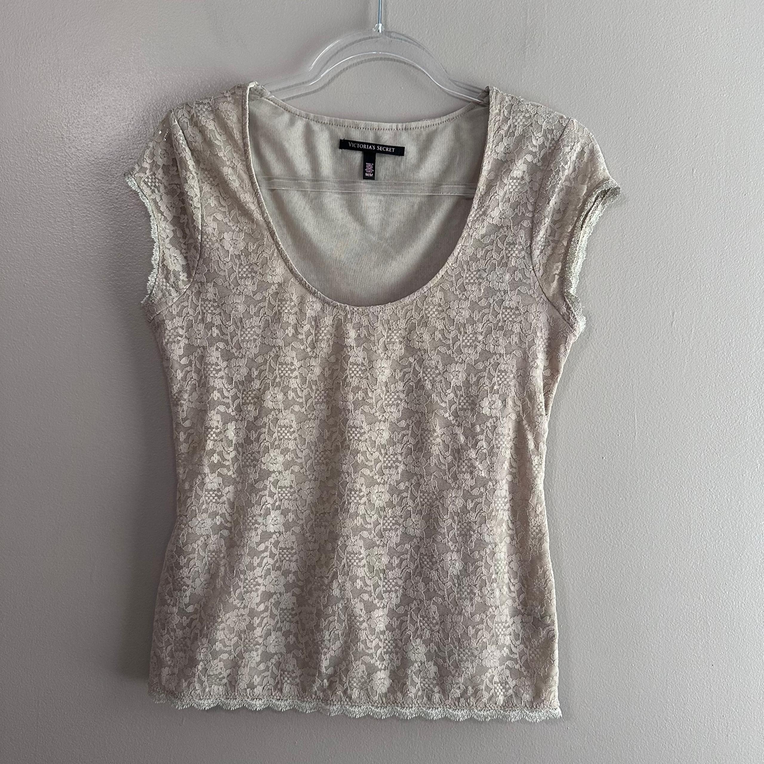 Victoria's Secret Champagne Tan Lace Scoop Neck Short Sleeve Tee Womens Medium