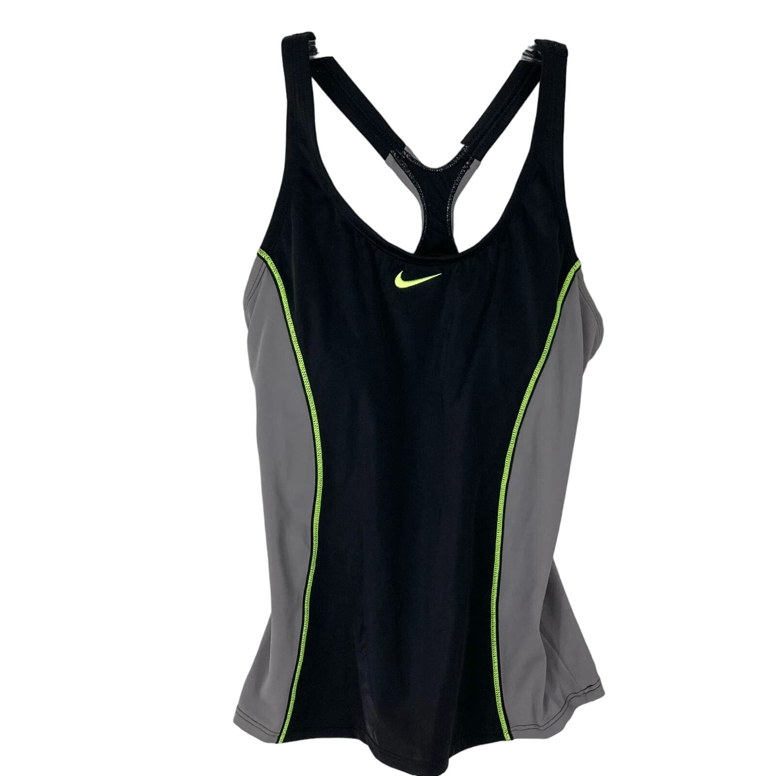 NWOT NIKE Top S Black Grey Neon Yellow Stripe Logo Racerback Built In Bra