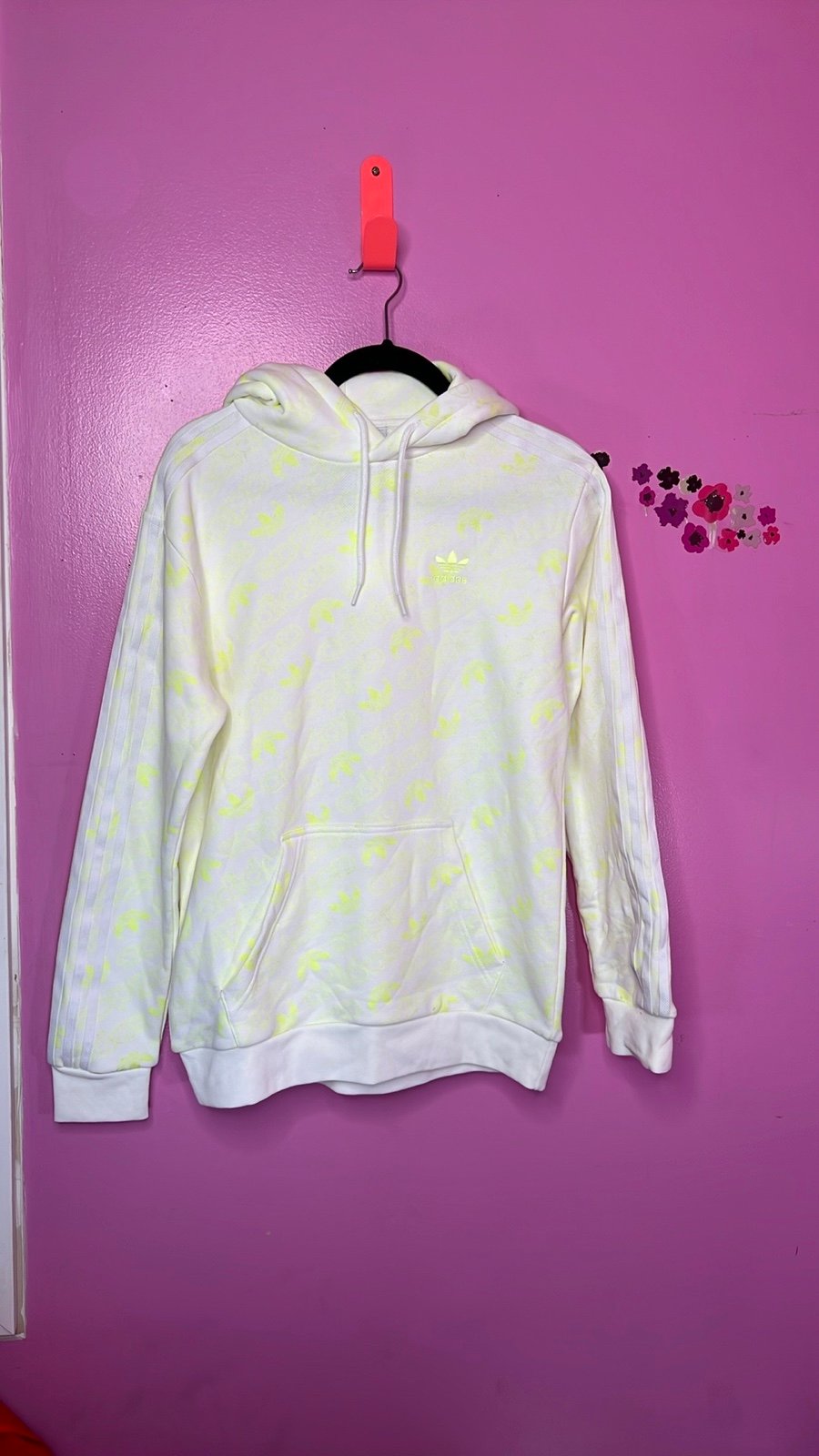 Adidas sweatshirt with hood white and neon size small