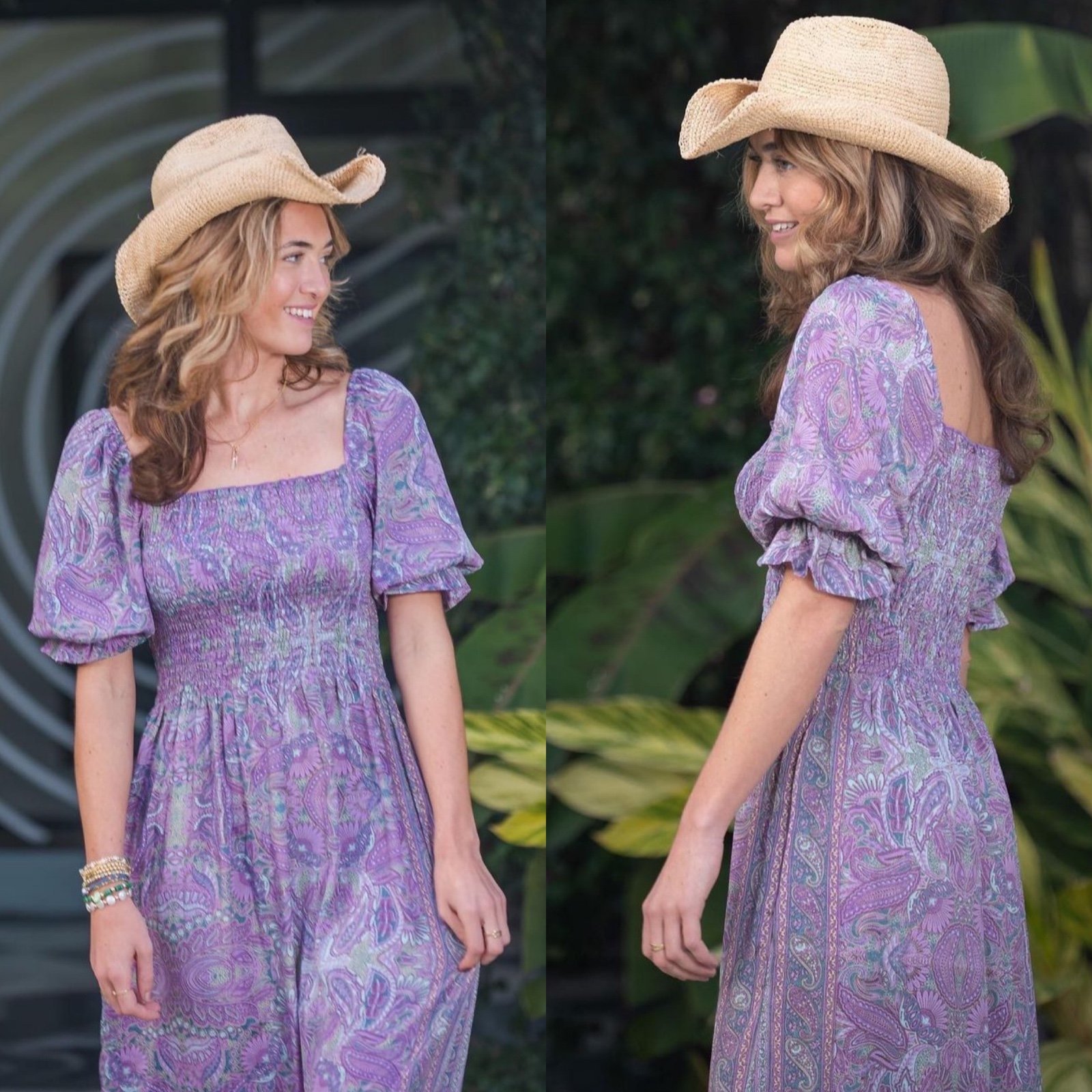 Perry Walker Collective The Grace Purple Paisley Smocked Bohemian Dress S