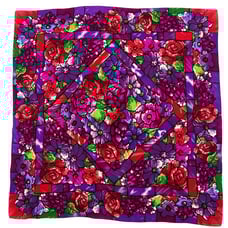 Oscar de la Renta Floral Silk Scarf Purple Red Jewel-Tone Square Made in Japan