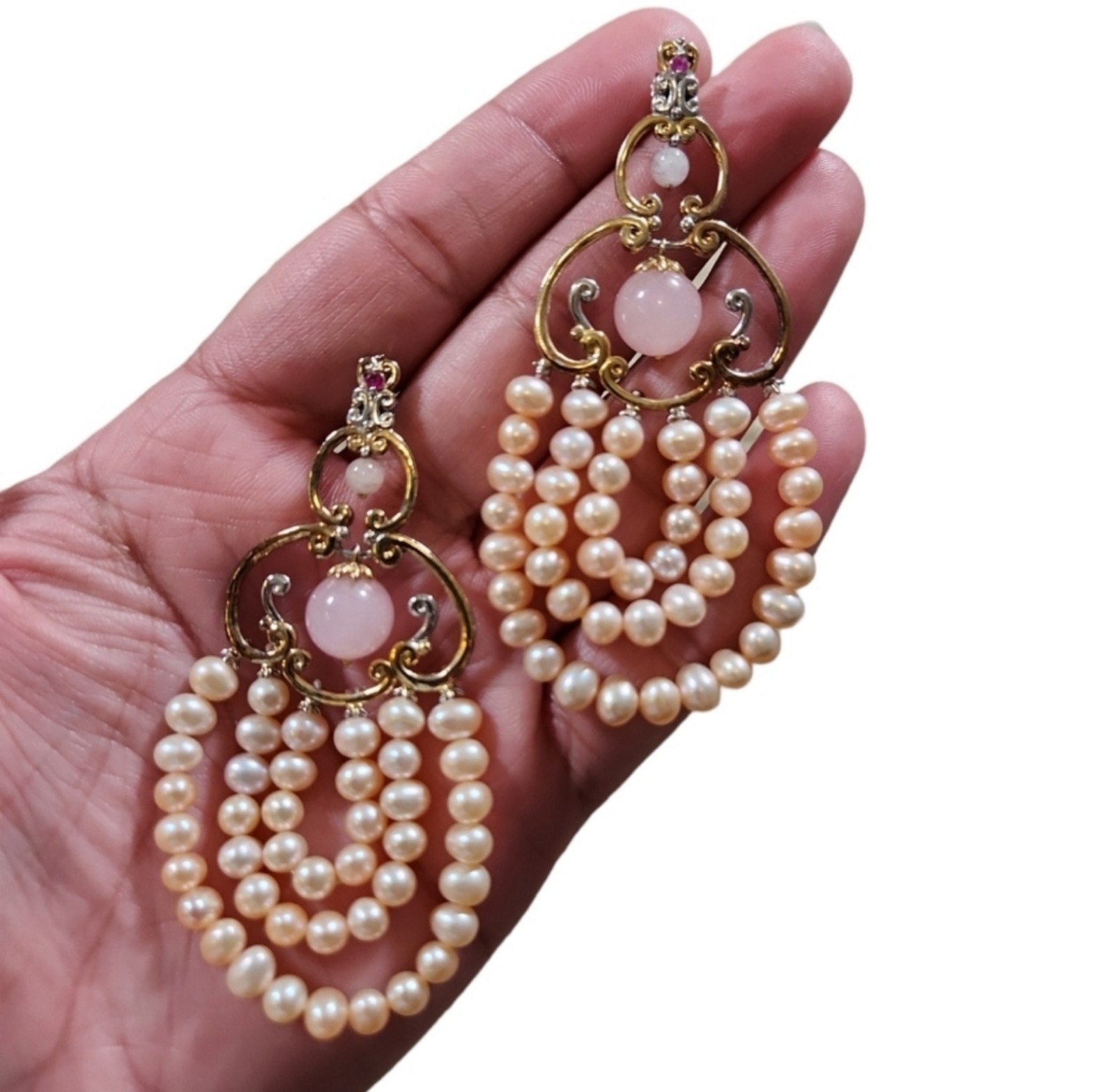 Gems en Vogue 18K Gold Plated 925 Rose Quartz Peach Pearl Ruby Drop Earrings 3