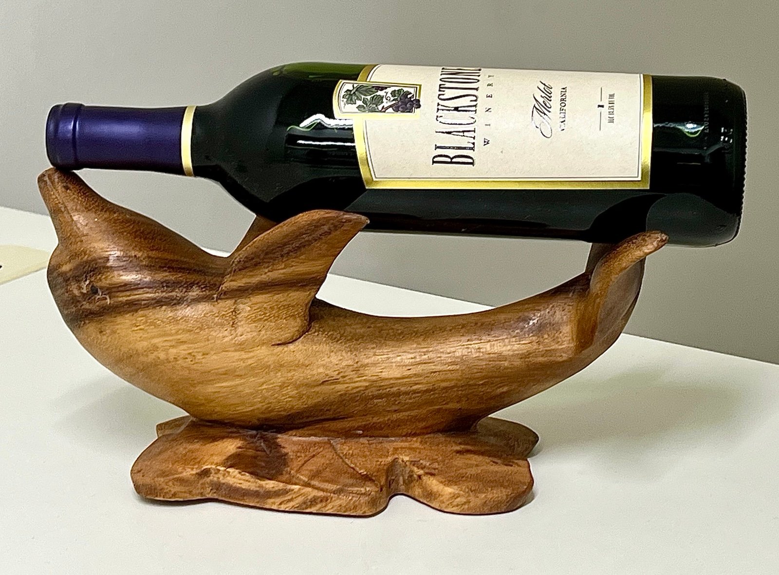 Mid Century Vtg Artisan Hand Carved Solid Teak Wooden Dolphin Statue