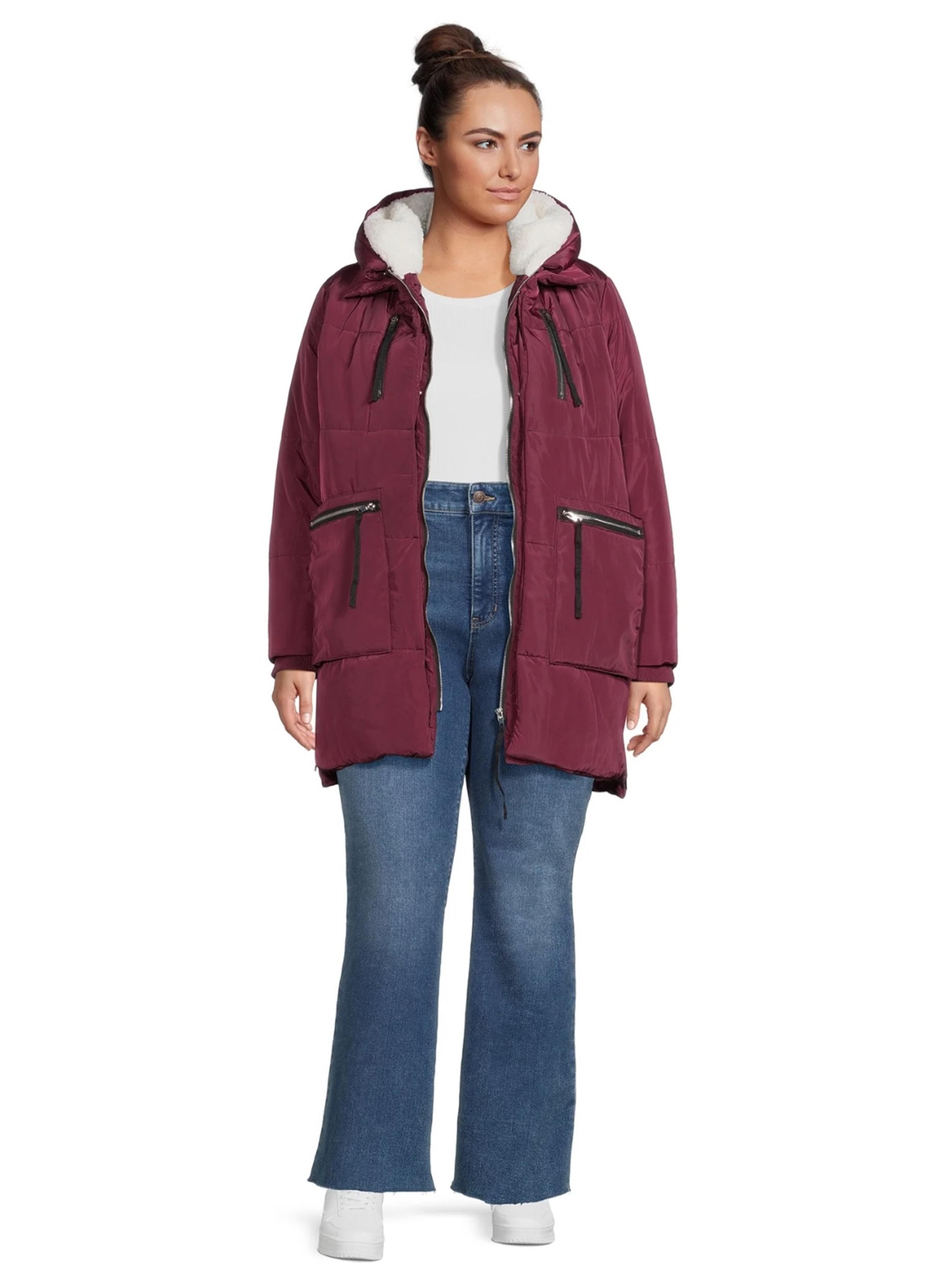 Jason Maxwell Women's Puffer Coat with Faux Sherpa Lined Hood burgendy XL winter