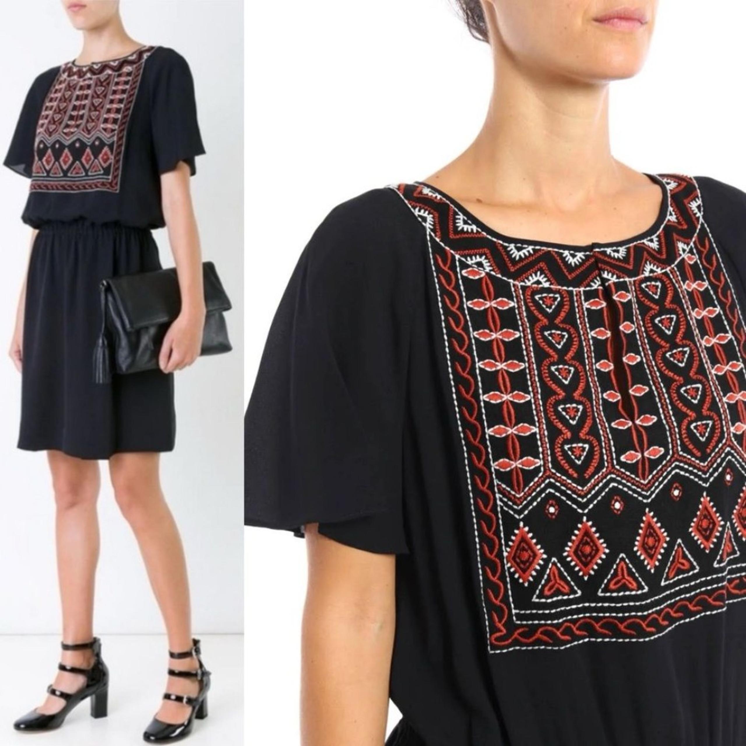 Tory Burch Bristol Embellished Silk Dress 8 Black Embroidered Blouson Boho Chic