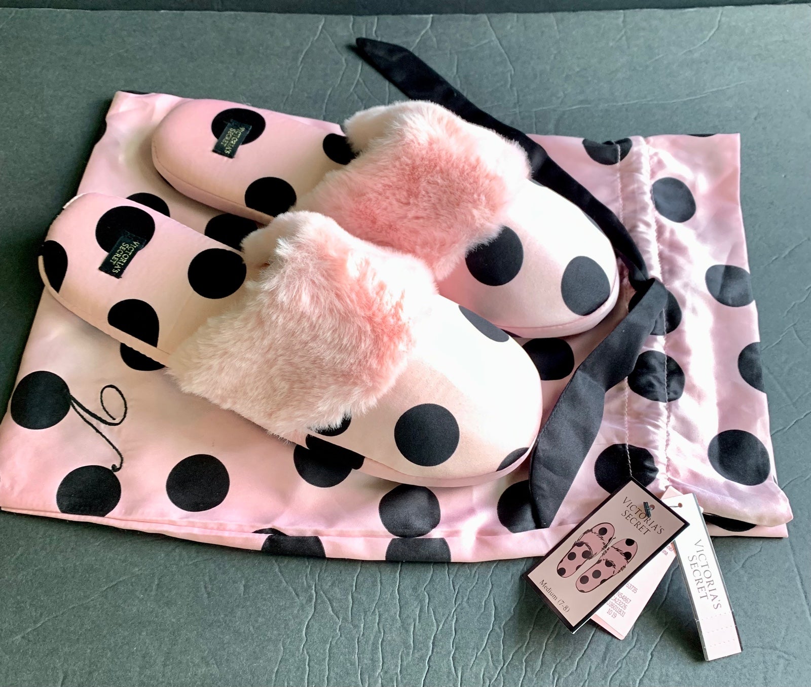 Victoria's Secret Satin Pink Black Dot Slippers Dust Bag Size M (7/8) NWT.