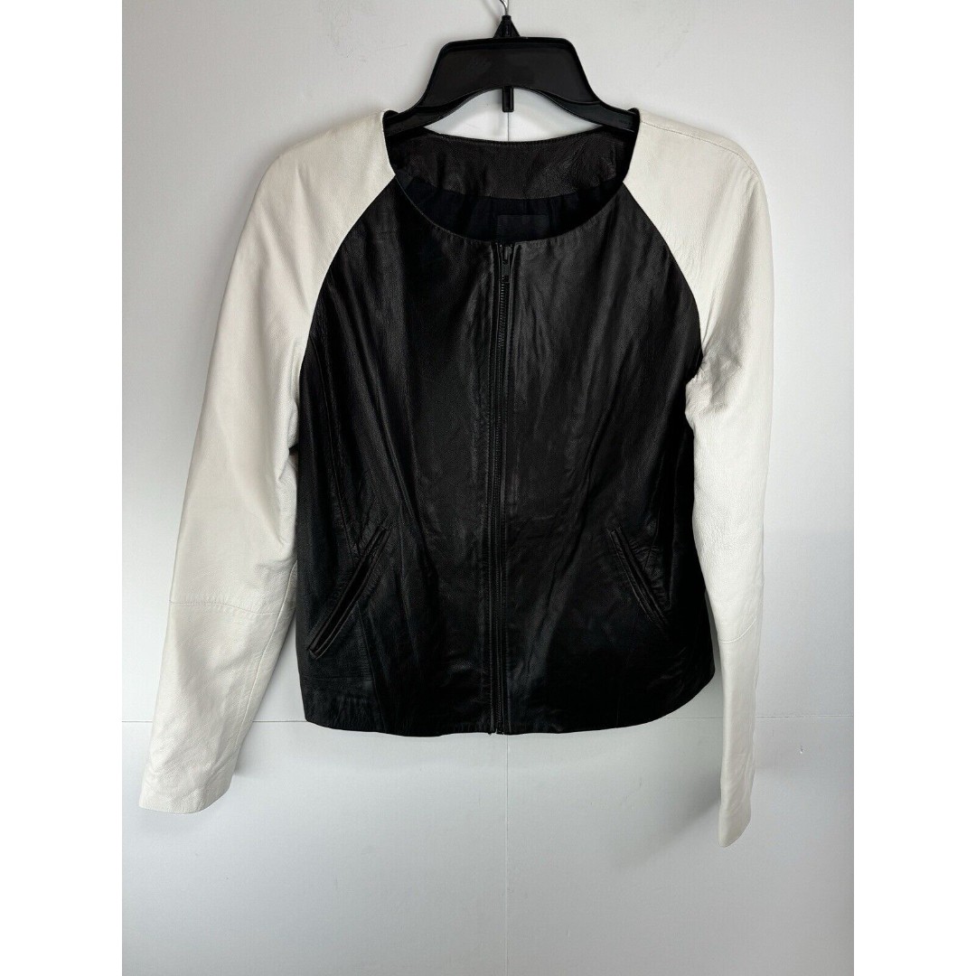 Trouvé 298 100% Leather Black And White Lined Zippered Jacket Size: Medium