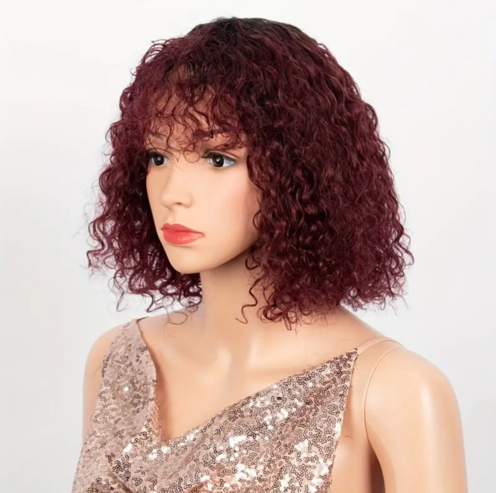 10 inch Curly Wave Short Bob with Bang 100% Human Hair Wig (1B/99j)