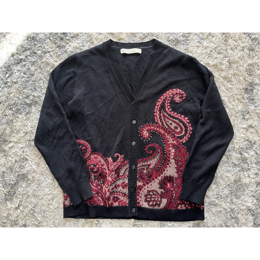 Camela Italy Merino Wool Blend Black Floral Paisley Cardigan Sz 38 Medium