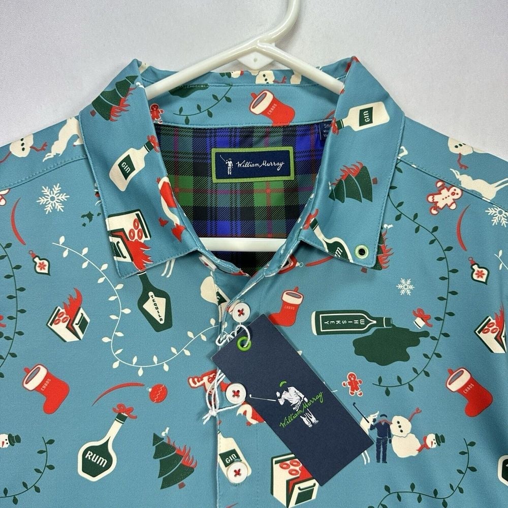 William Murray Golf Holiday Chaos Polo Shirt Men's Small Blue Xmas AOP S/S NWT