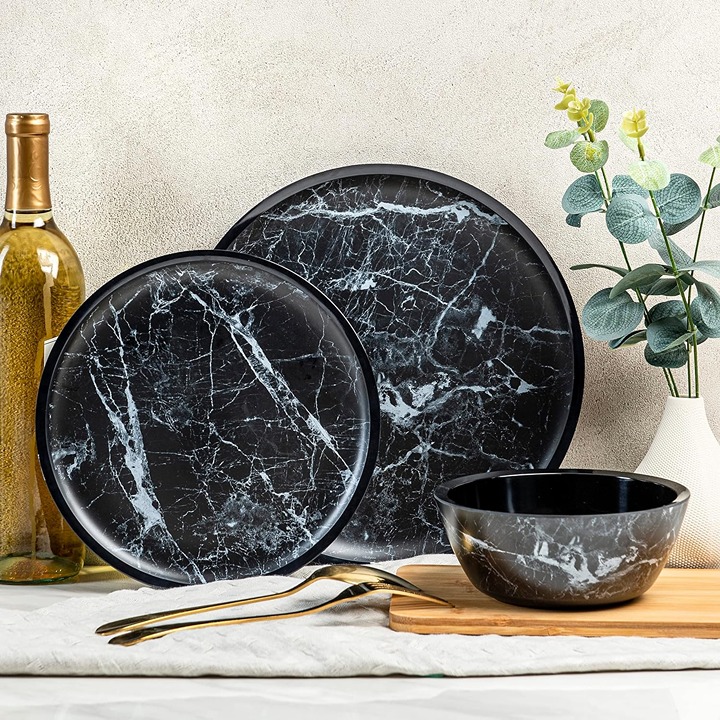 12 Piece Melamine Dinnerware Set - Durable, Dishwasher Safe Plates and Bowls