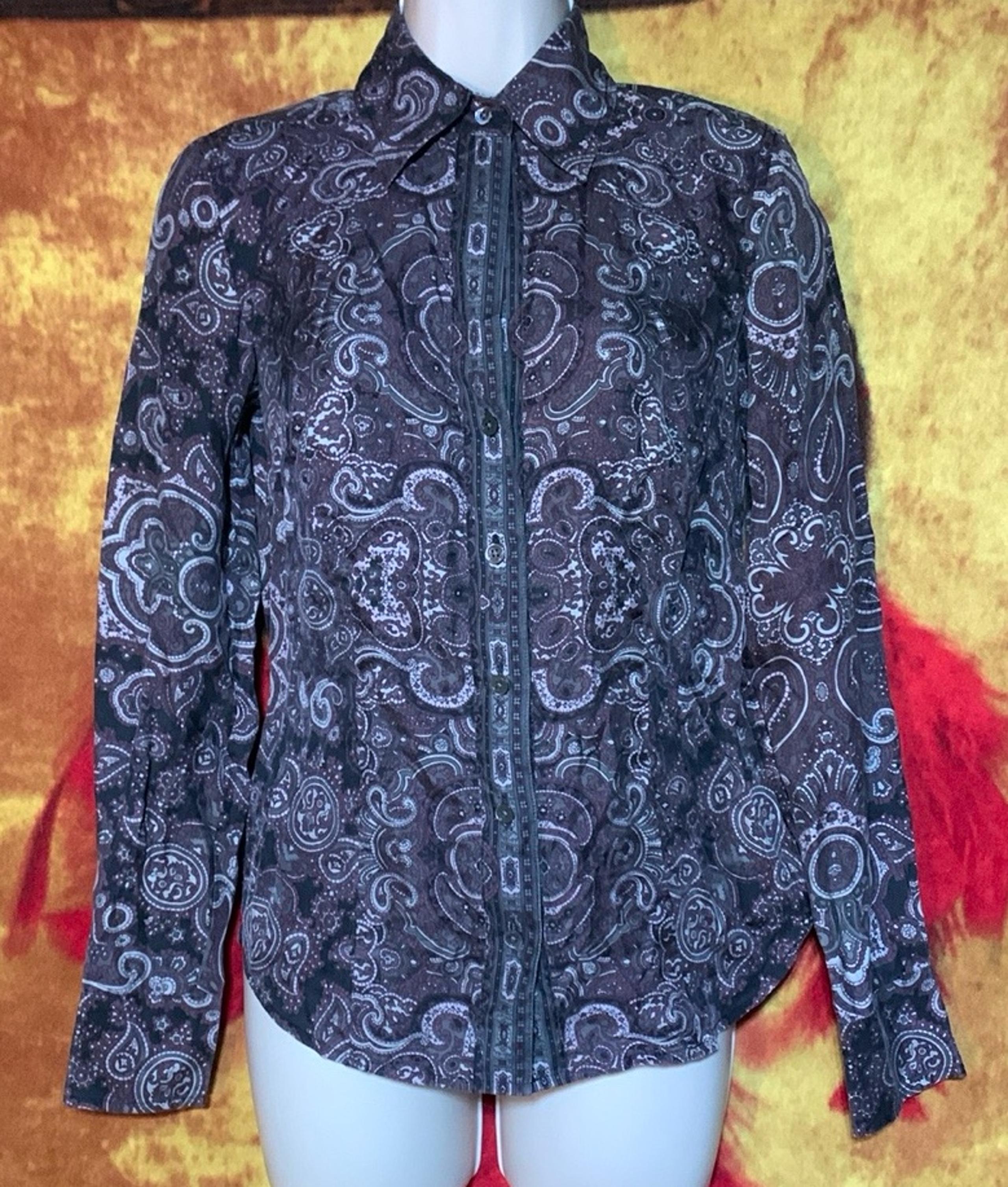 ANN TAYLOR-women’s violet/silver silk long sleeve button-down shirt