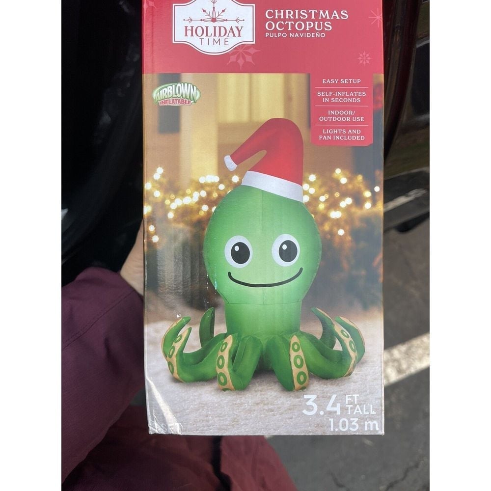 Holiday Time Christmas Octopus In Santa Hat Airblown Inflatable 3.4' New