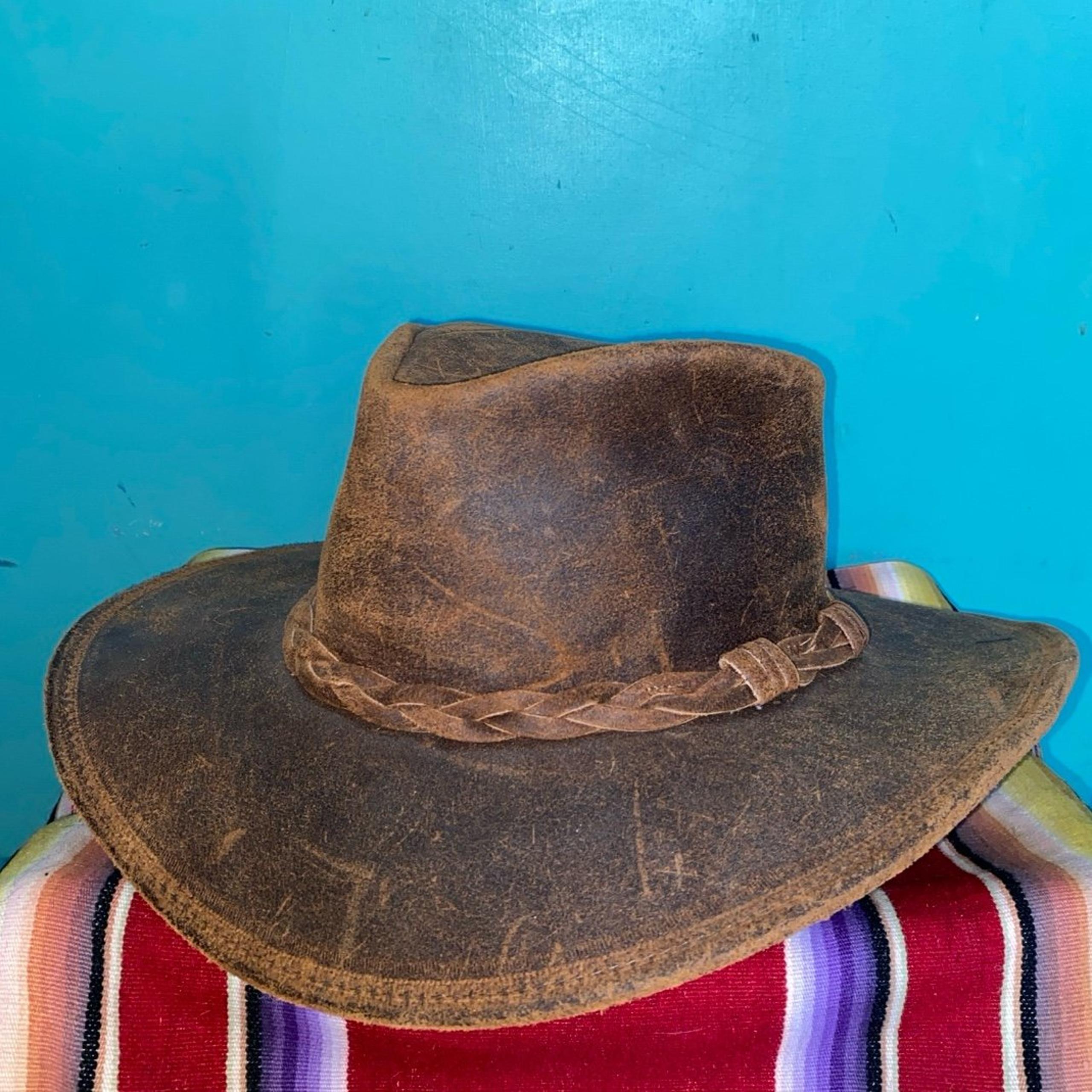 The Outback Hat by Minnetonka Vintage Brown Leather Braided Hatband Foldable szL