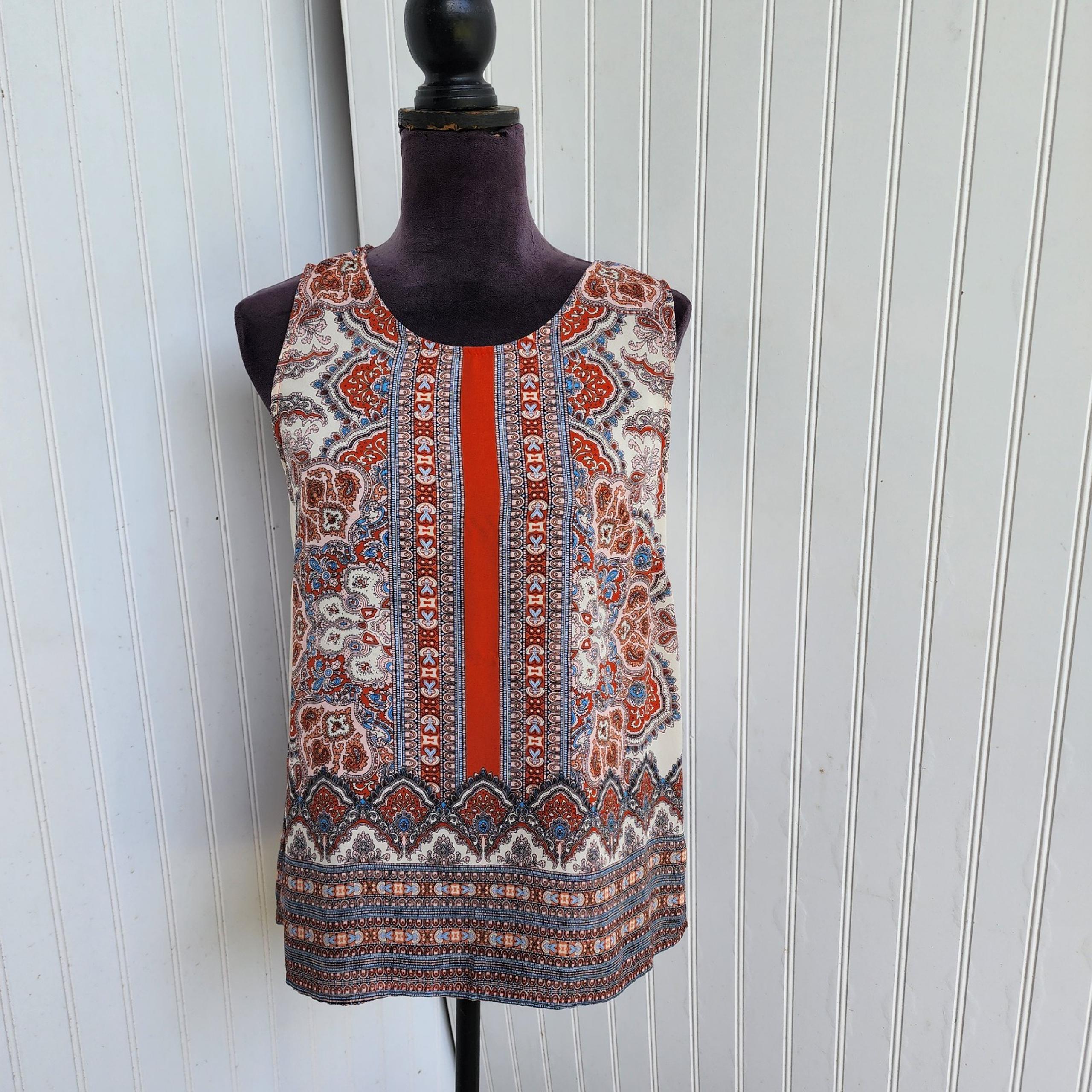 Cynthia Rowley Womens Blouse Sleeveless Paisley Orange Blue Beige Button Back S