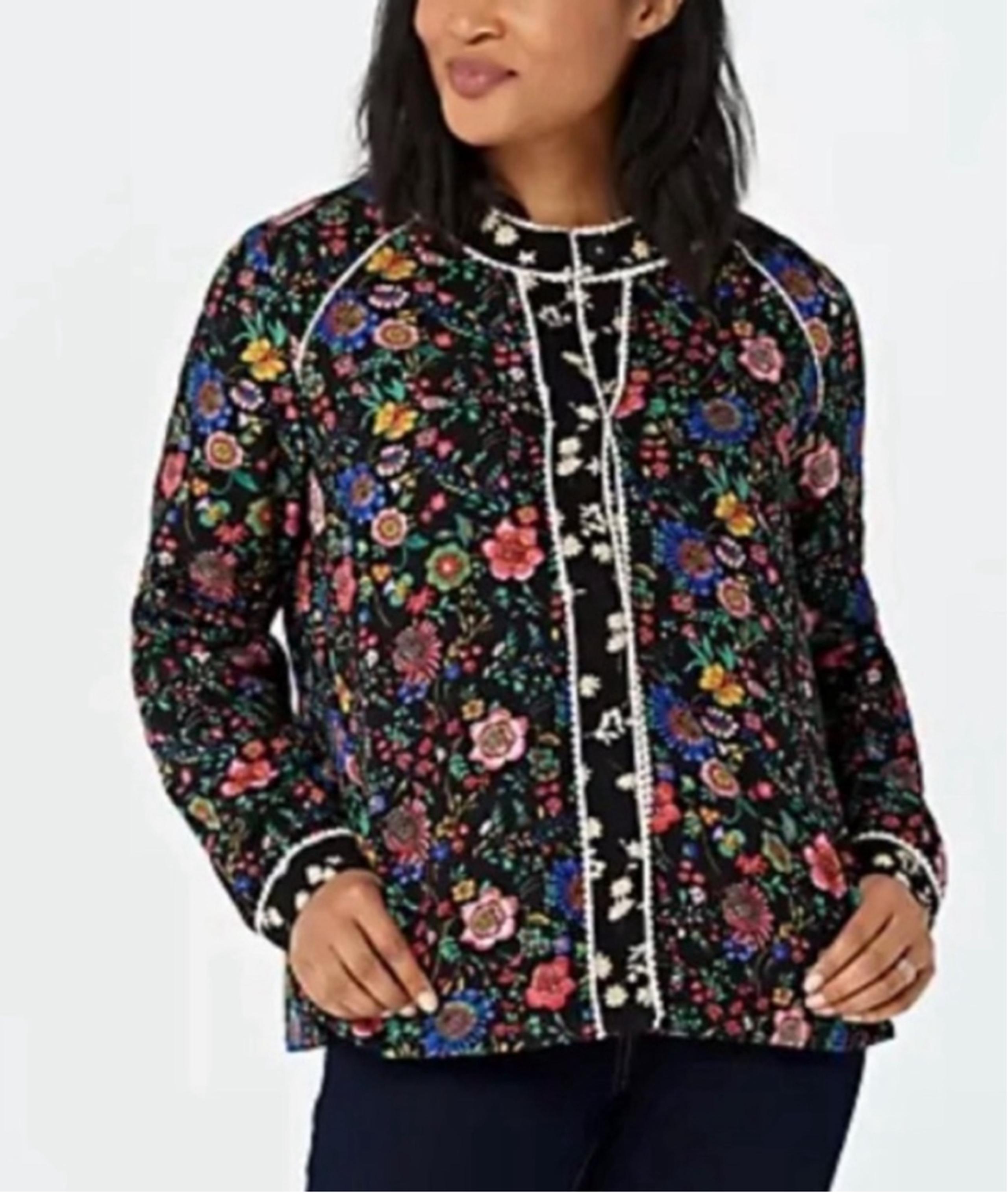 Lori by Lori Goldstein Black Floral Print Picot Trim Jacket Women’s Size XL - LOGO by Lori Goldstein