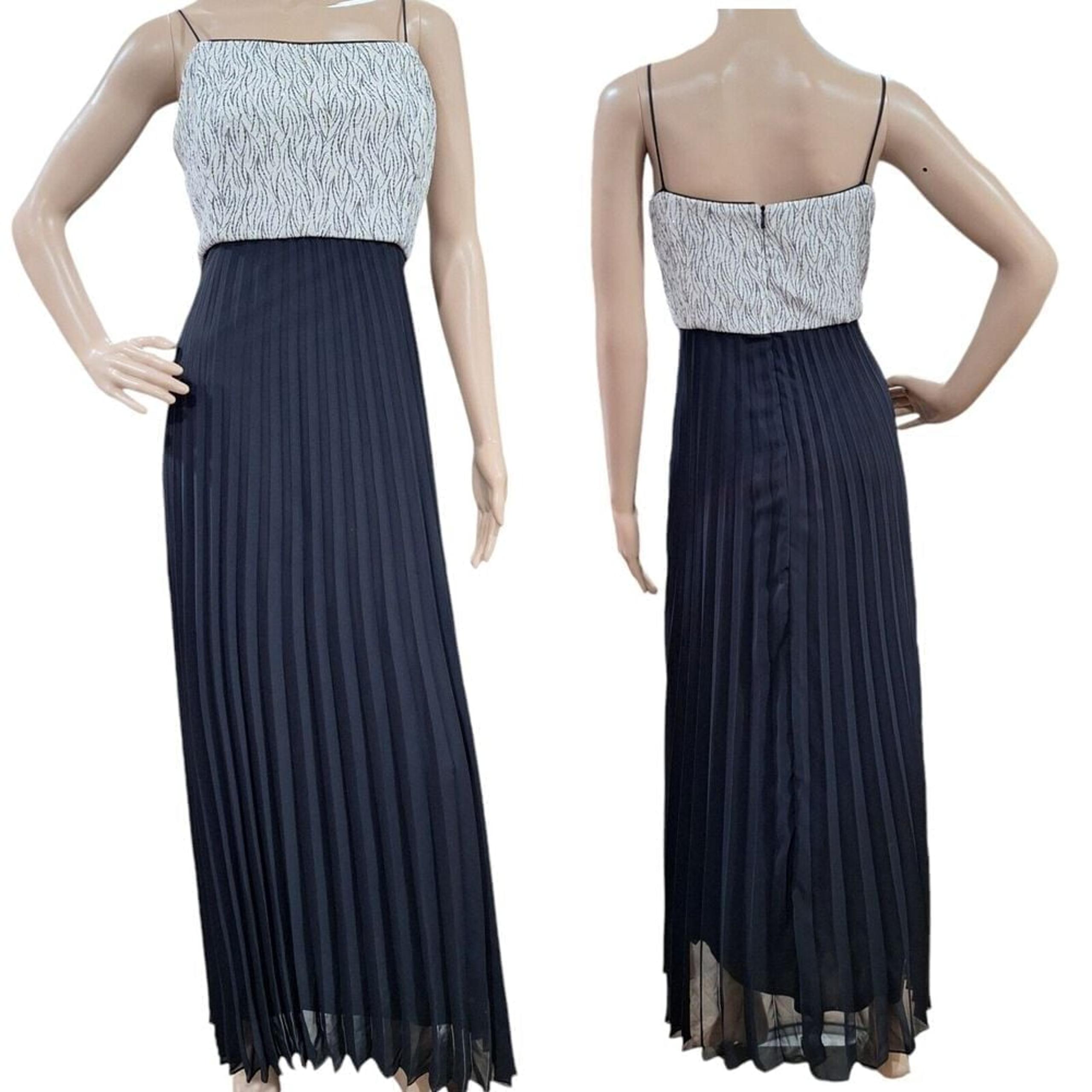 Alex Evenings Women's Black/White Silver Dot Pleated Long Dress Size M