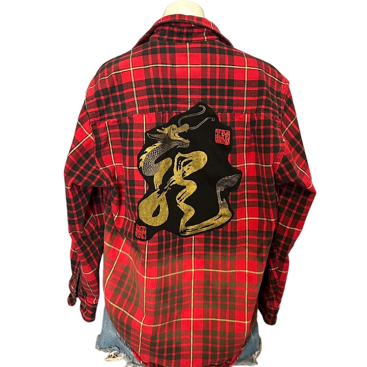 Chinese Dragon Plaid Flannel Shirt SMALL Oversized Shacket Upcycle Unique Red