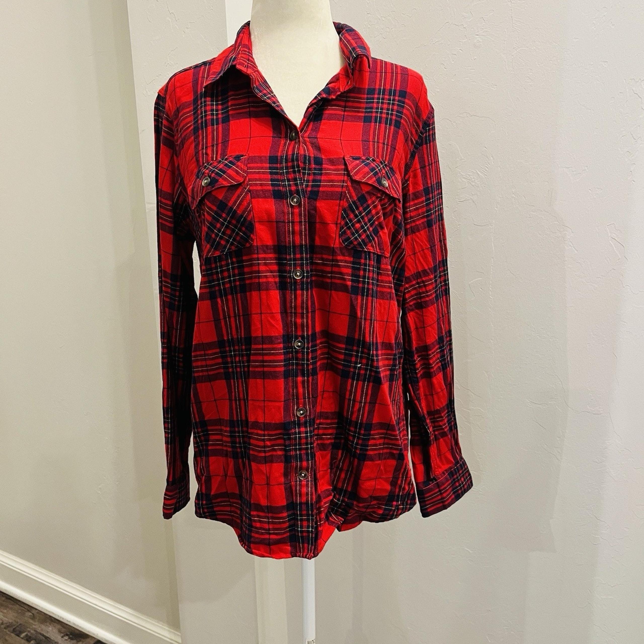 Eddie Bauer Women's M Classic Fit Red Black Plaid Long Sleeve Button Up (A0128)