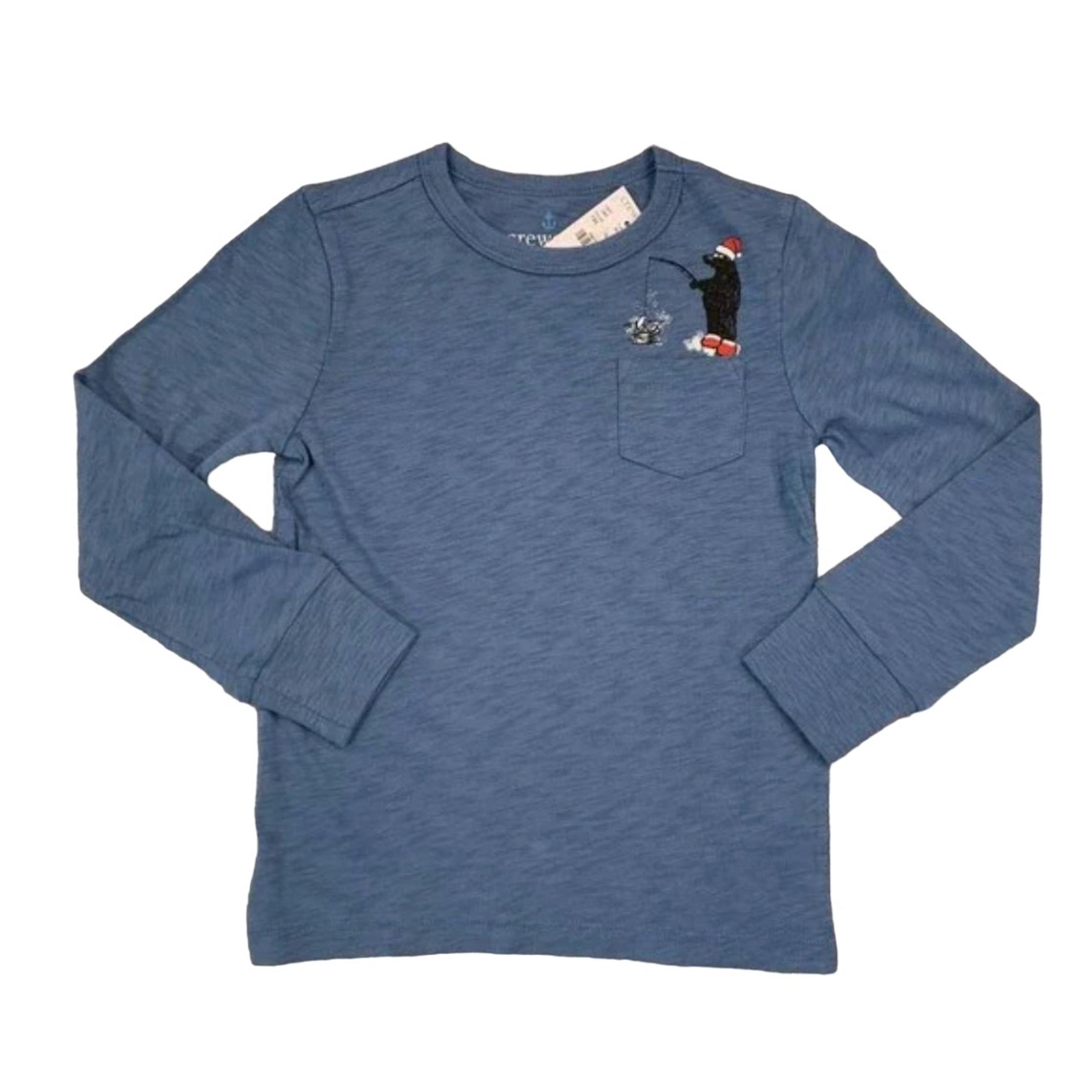 NWT J. Crew Boys Blue Long Sleeve Santa Fishing Bear Christmas T-Shirt SIZE 4-5