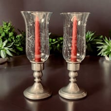 VTG Web Pewter Weighted Candle Holders With Etched Glass Globes - Set of 2