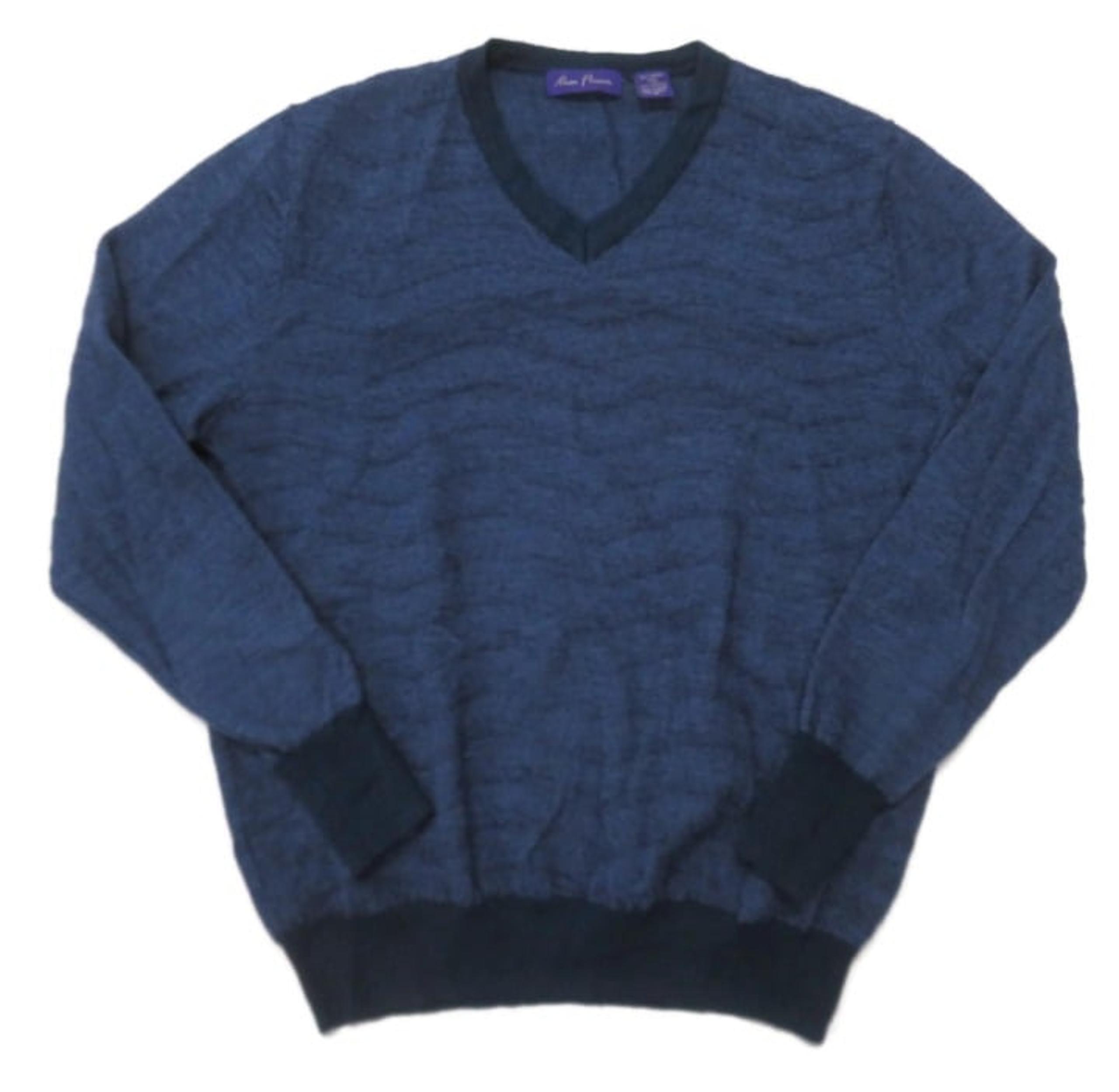 Alan Flusser Sweater Mens Medium Blue V-Neck Merino Wool Blend Pullover Light