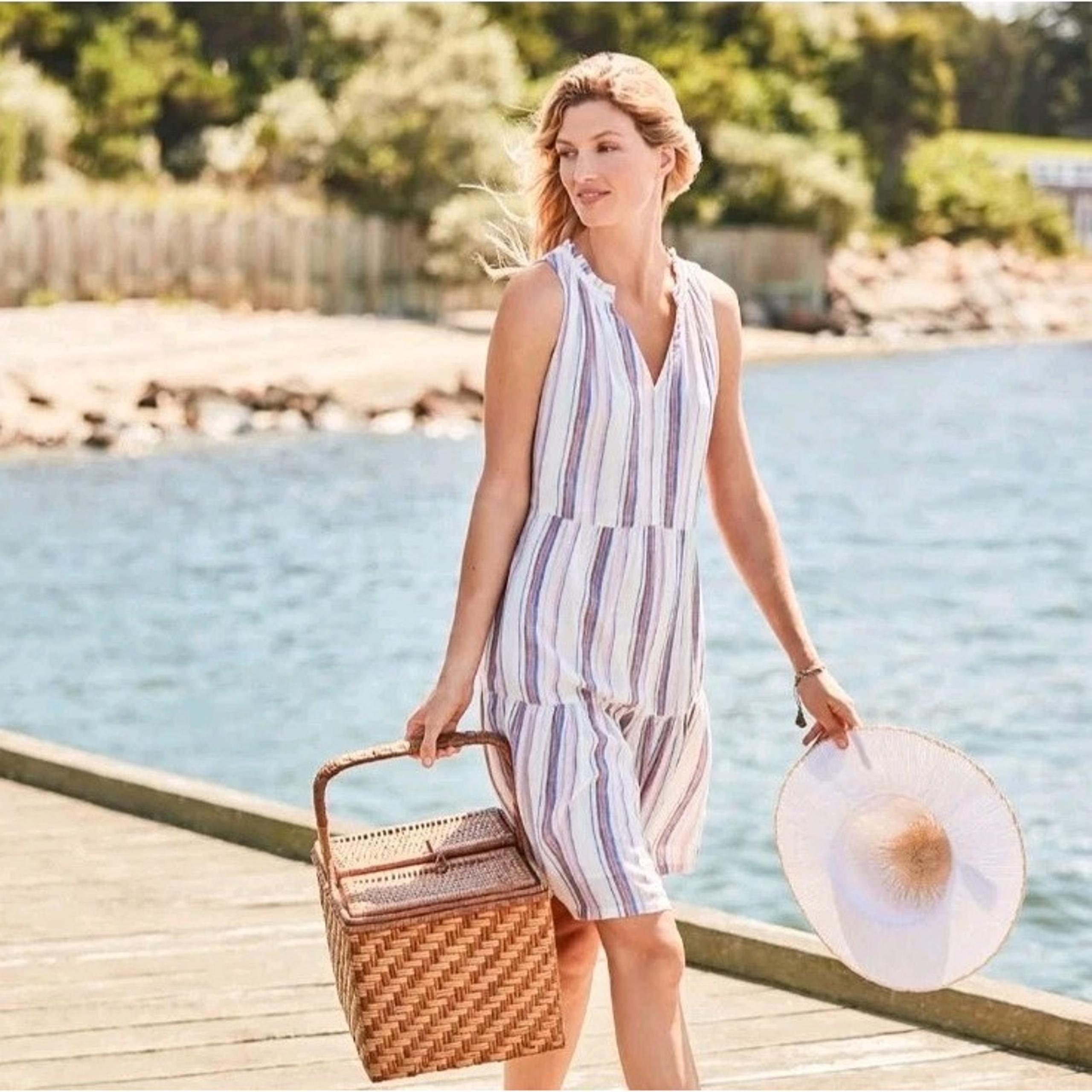 Tommy Bahama Women's Pink White Blue Striped Linen V-Neck Midi Dress SZ M