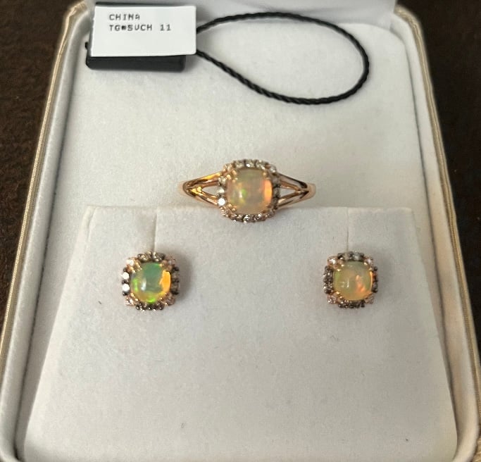 LeVian 14k Neopolitan Opal Earrings and Ring Size 8 Rose Gold