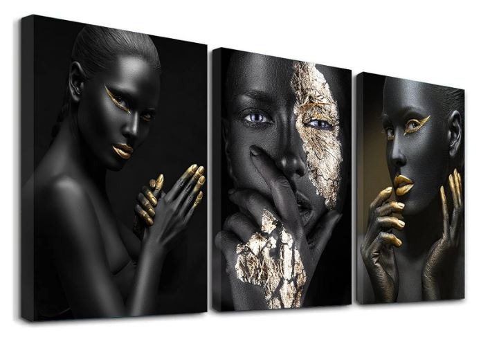 Black Gold African American Woman Canvas Wall Art, 3 Piece Set Golden