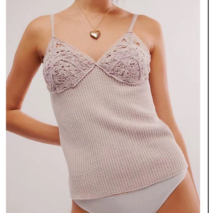 FP One Medium Top Knit Cami Free People lace thermal waffle knit in fresh plum