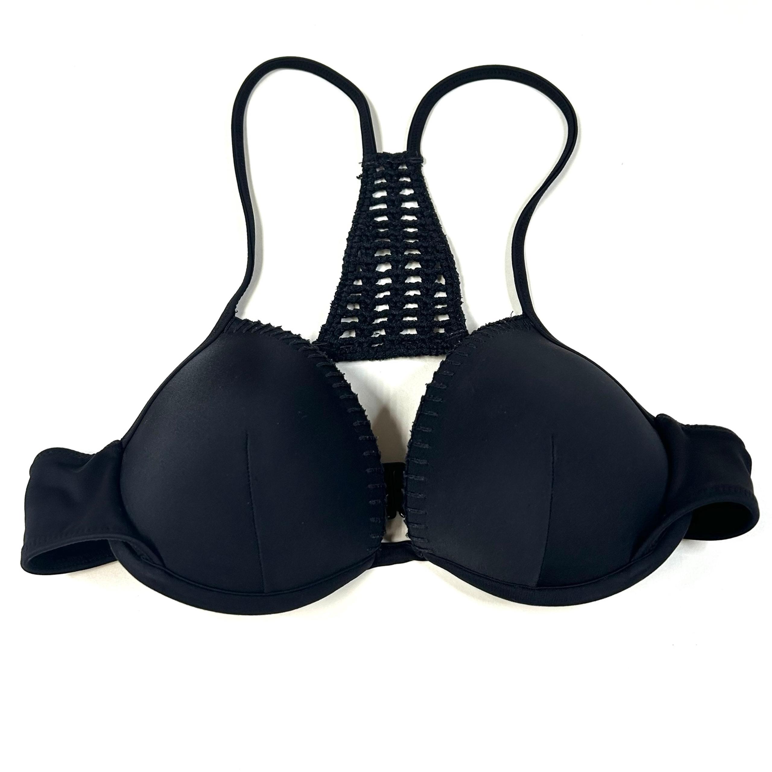 Victorias Secret 32B Fabulous Bikini Top Solid Black Padded Crotchet #2033