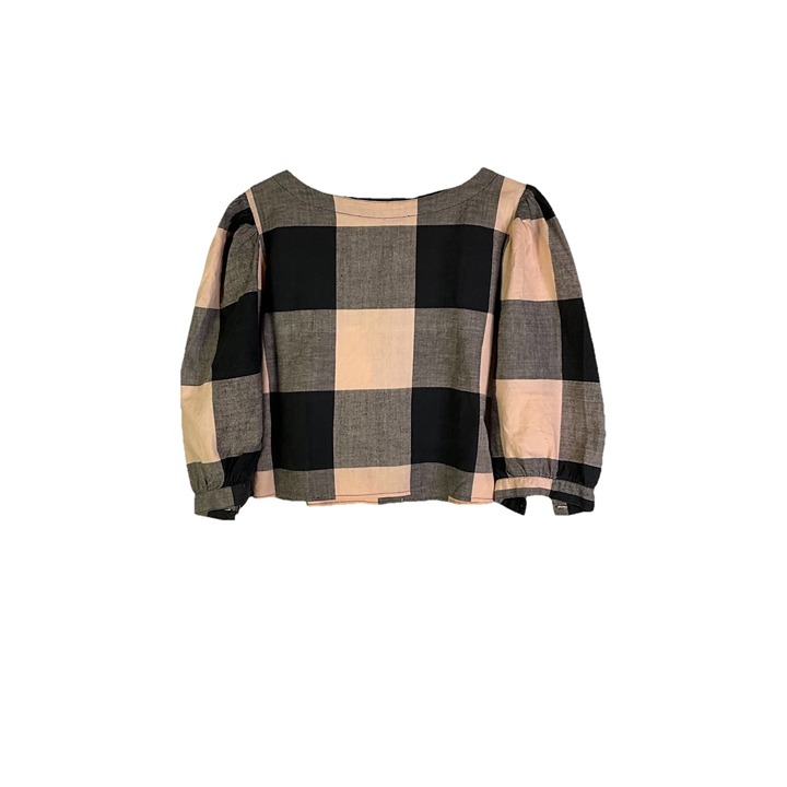 Vintage 80s Womens Medium Gingham Plaid Puff Sleeve Cropped Shirt Grunge