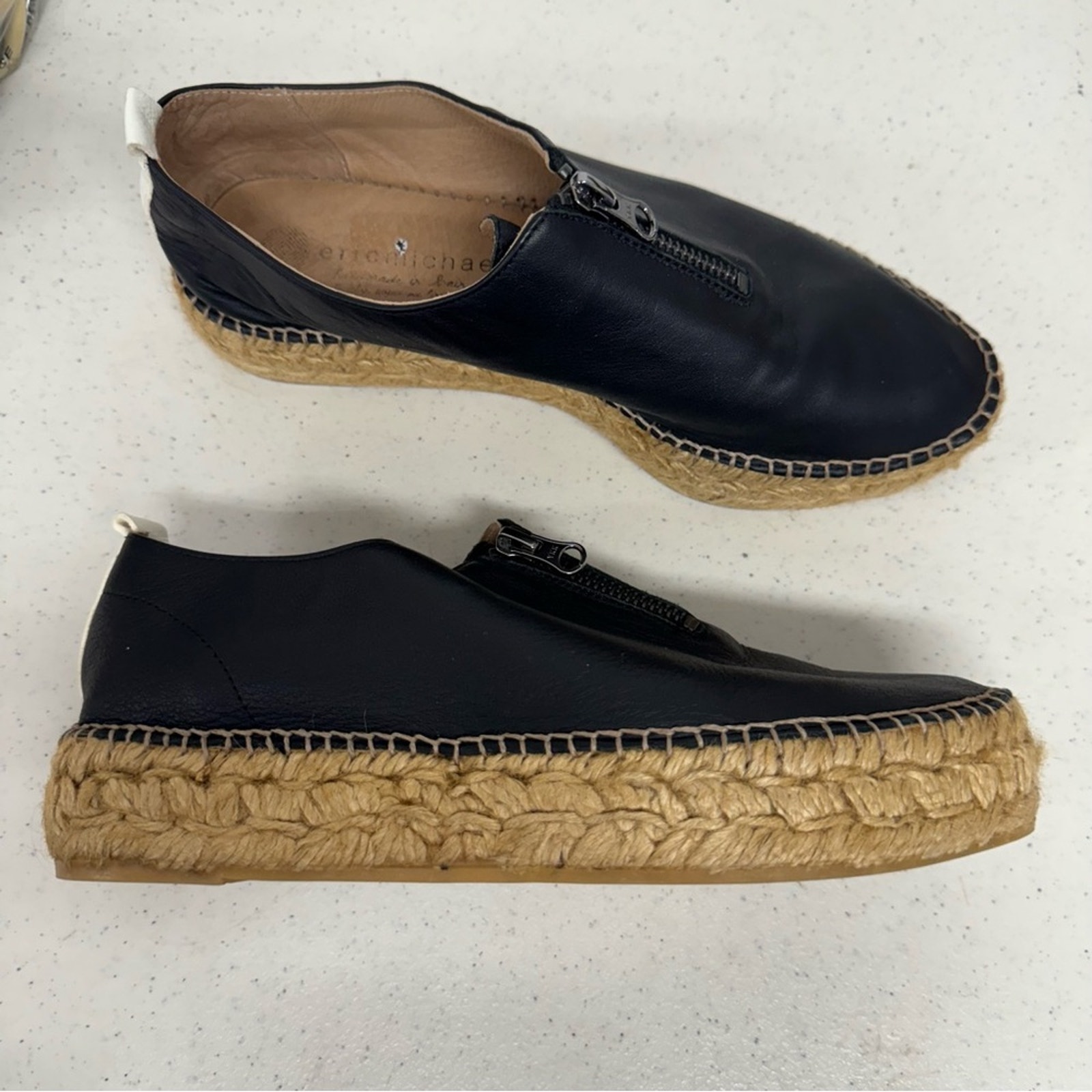Eric Michael Black Leather Platform Espadrille Shoes Womens 38 Casual Beachy