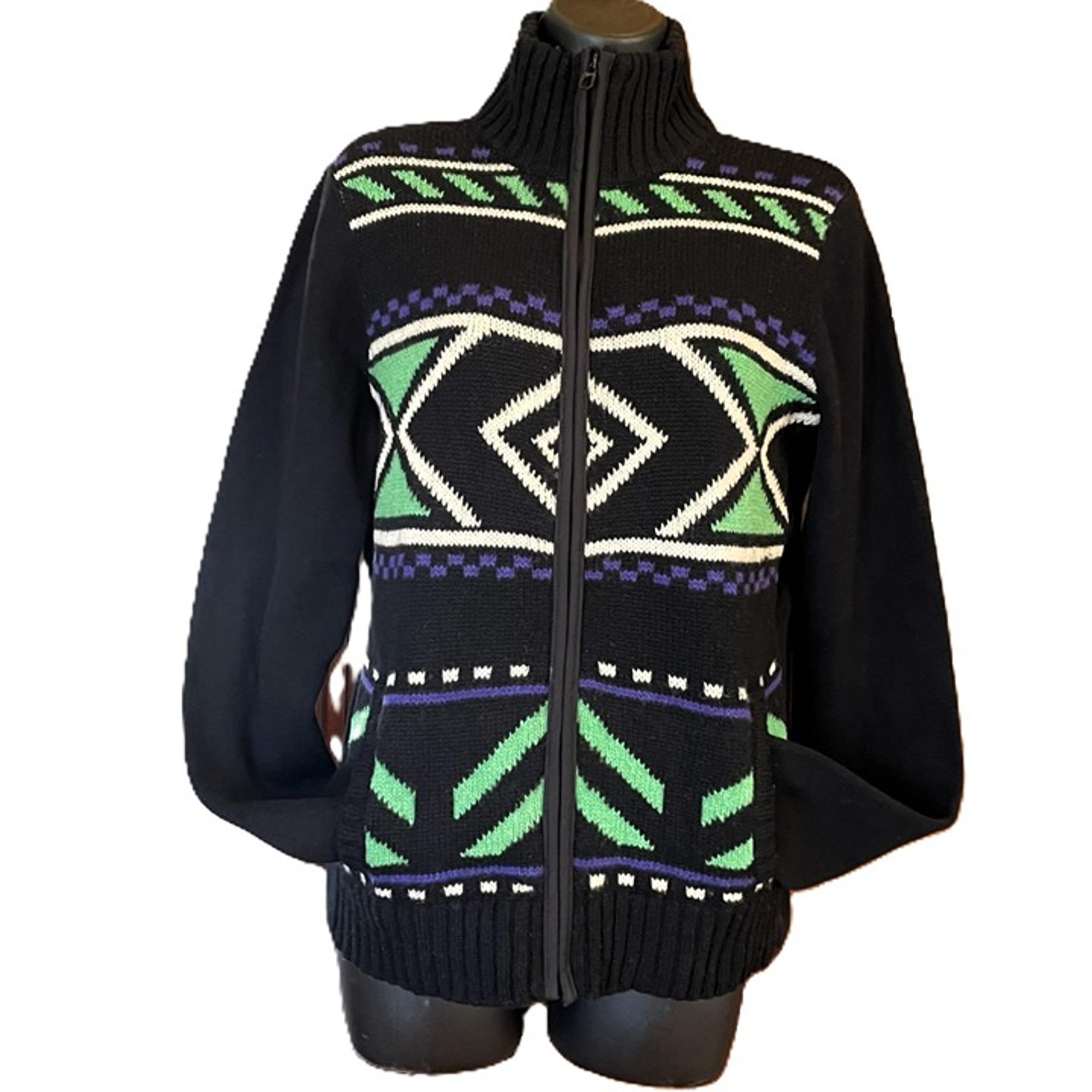 Lauren Ralph Lauren L-RL Active Sz L Aztec Full Zip Sweater Lambswool Purple Blk