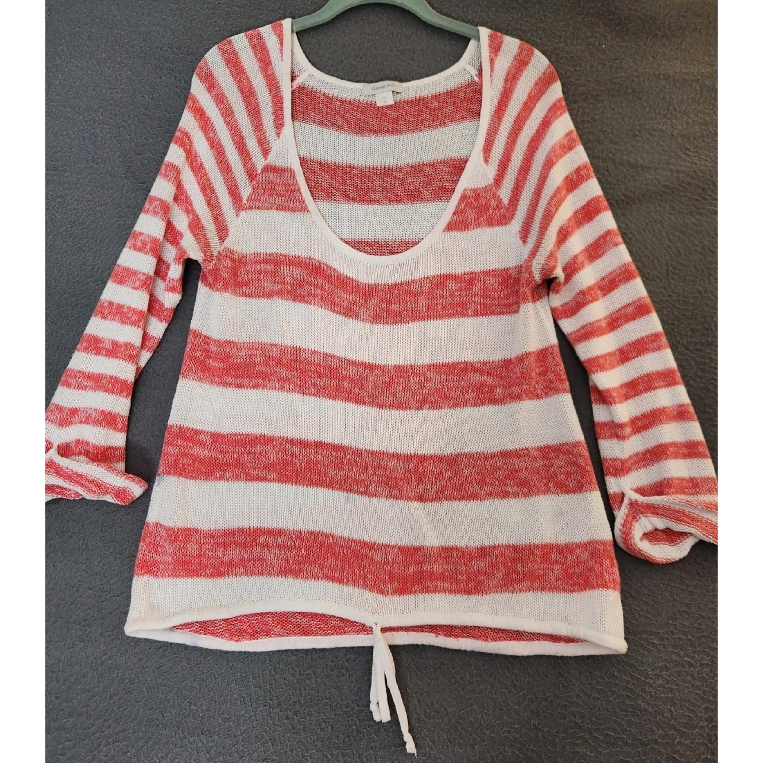 Garnet Hill Sweater Women M Red Striped Cotton 3/4 Sleeve Lightweight Tie Front