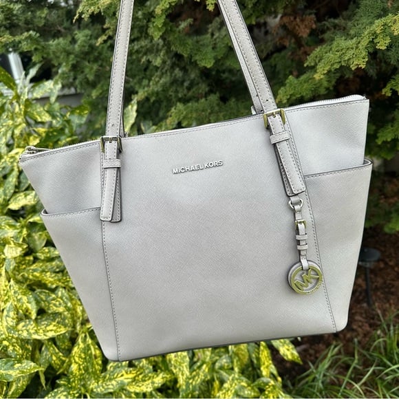 Michael Kors Jet Set East West Top Zip Tote Bag Grey Saffiano Leather Purse