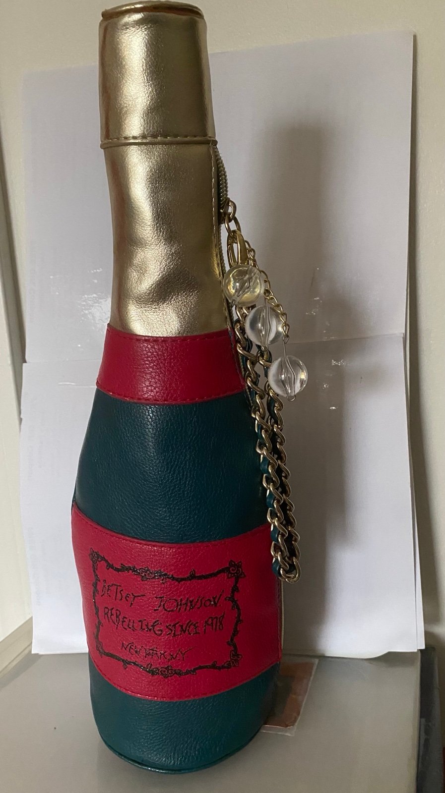 NEW Betsey Johnson CHAMPAGNE BOTTLE Green Pink Purse Handbag Wristlet 14.5