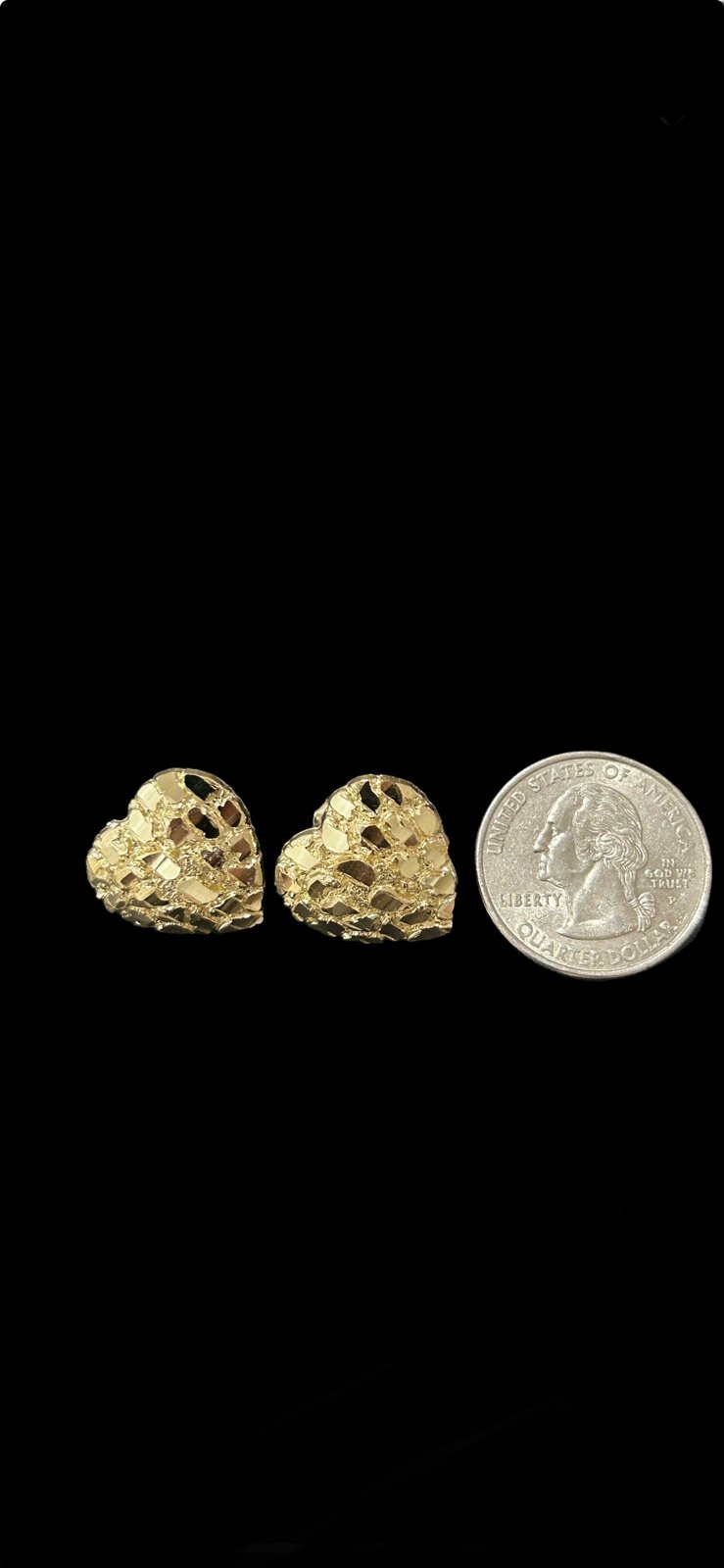 10k Gold Heart Nugget Stud Earrings, Ladies Gold earrings LARGE