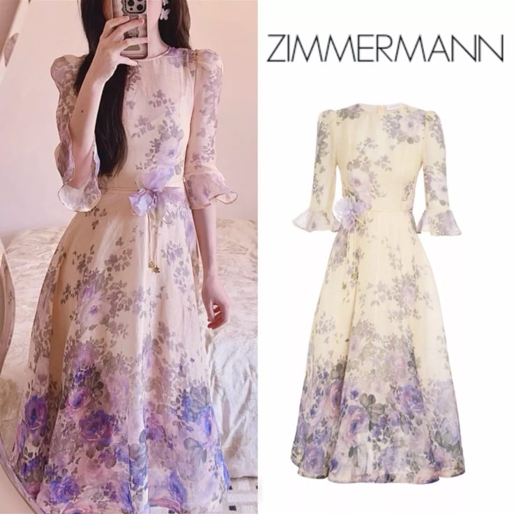NWOT 1,600 Zimmermann Lyrical Flared Sleeve Silk Linen Floral Midi Dress AU0 XS