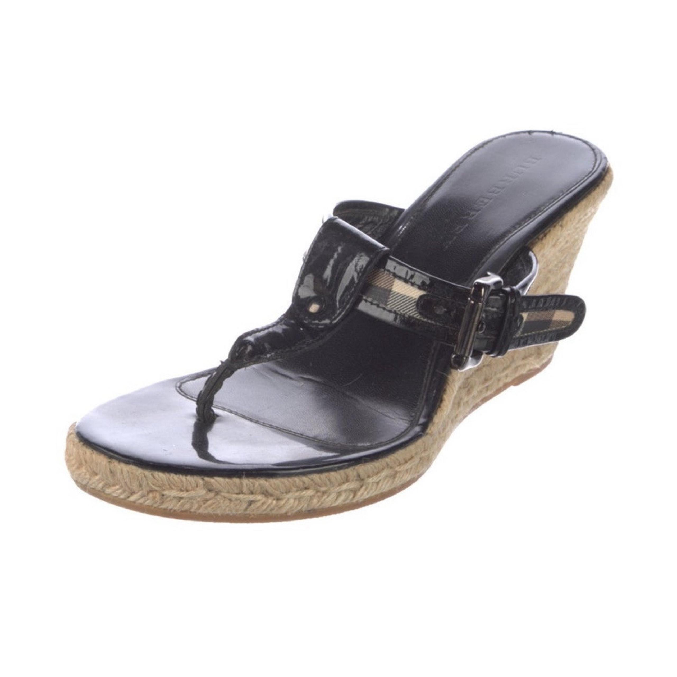 Burberry Nova Check Patent Leather Thong Espadrille Wedges IT 41/US 10.5