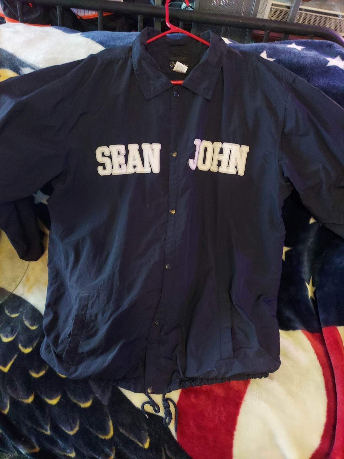 SEAN JOHN NAVY NYLON SNAP BUTTON WINDBREAKER JACKET XXL POCKETS LARGE LOGO 2X