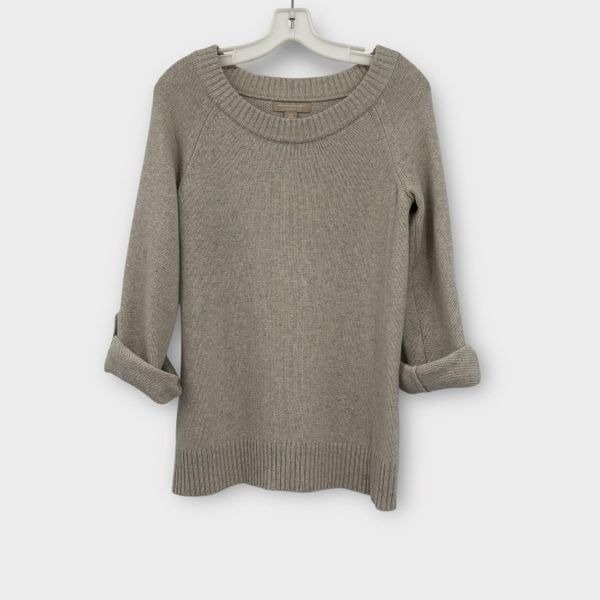Banana Republic Cashmere Sweater Relaxed Fit Roll Tab Sleeves in Tan/Grey SZ. XS
